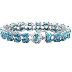 34.00 Natural Swiss Blue Topaz and Diamond 14K Solid White Gold Bracelet